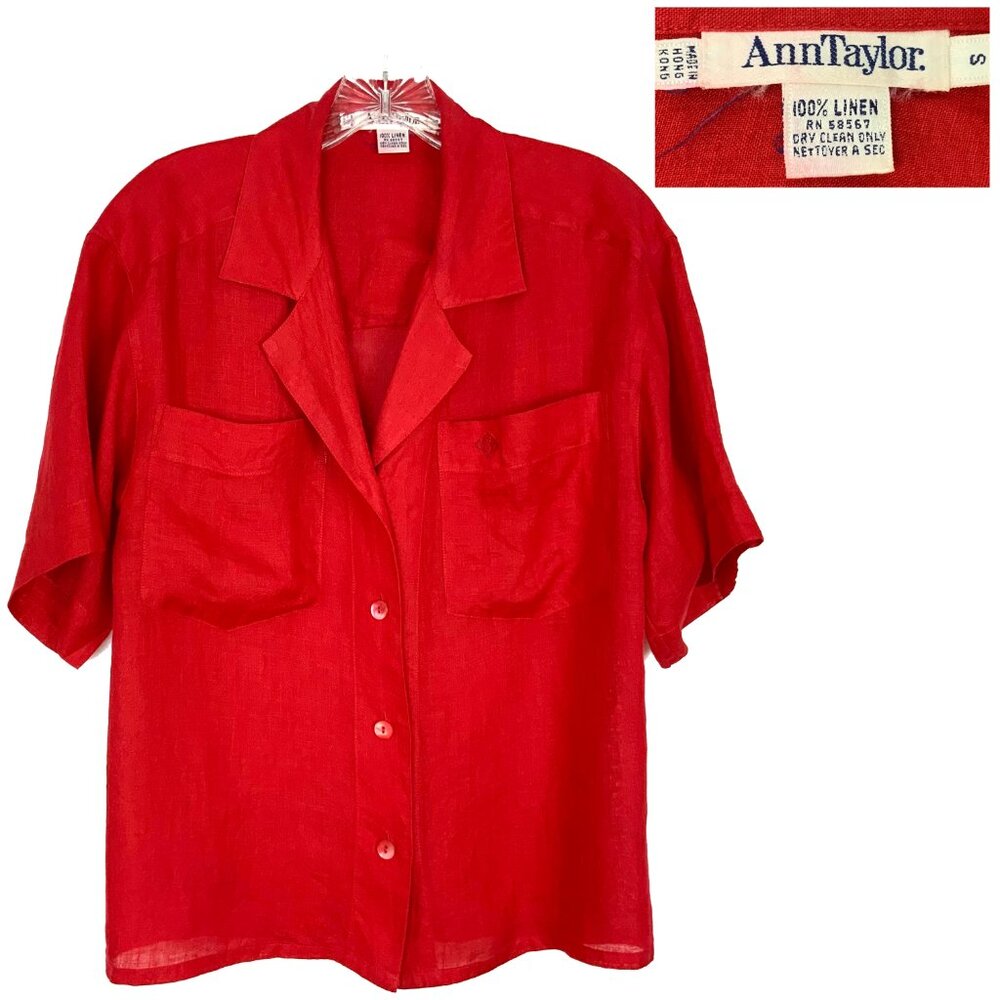 Vintage 90s Ann Taylor 100% Linen Red Button Up Shirt Small - Picture 3 of 16